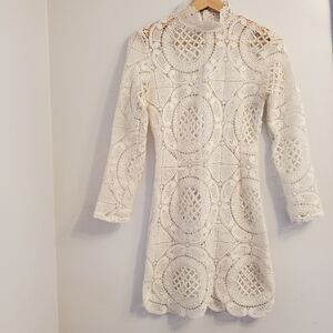 Doilie Crochet XS Dress Cotton Fitted Daisy Flowers See Thru White Lace Boho